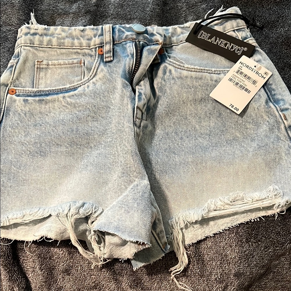 Blank NYC Blue Jean Shorts with Distressed Hem